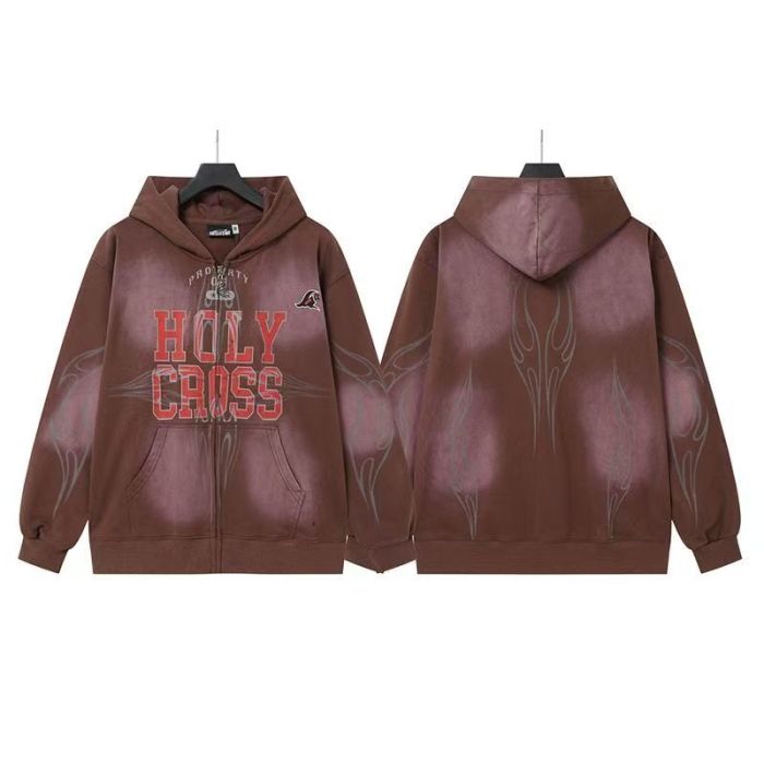 Hellstar Studio Gray Holy Cross Print Flame Graphic Zip Up Loose Fit Hoodie 3 colors 29493440