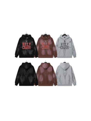 Hellstar Studio Gray Holy Cross Print Flame Graphic Zip Up Loose Fit Hoodie 3 colors 29493440