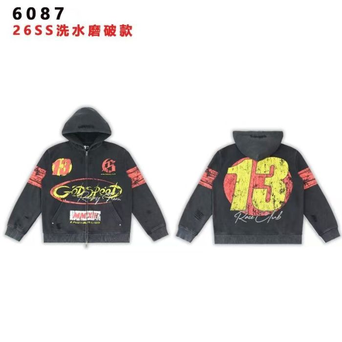Godspeed No.13 Racing Graphic Washed Distressed Full-Zip Hoodie 29493569