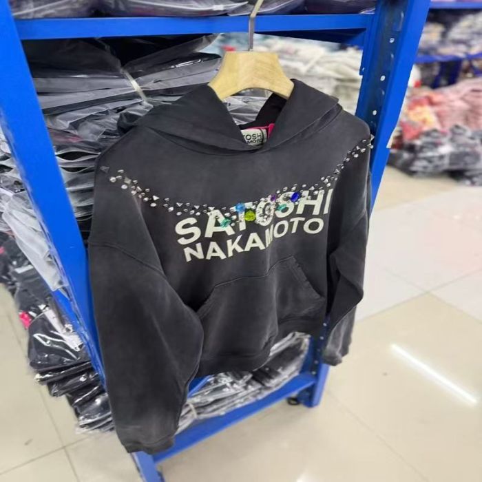 Satoshi Nakamoto Colorful Rhinestone Rivet Letter Print Cropped Loose Hoodie 2 colors 29493456
