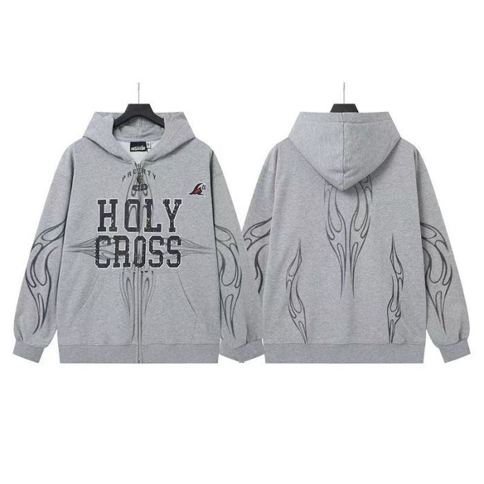 Hellstar Studio Gray Holy Cross Print Flame Graphic Zip Up Loose Fit Hoodie 3 colors 29493440