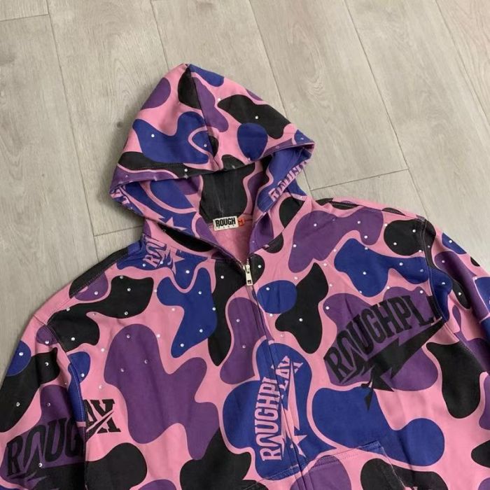 RoughPlay Pink Purple Color Block Camouflage Rhinestone Ripped Zip Up Hoodie 29493607