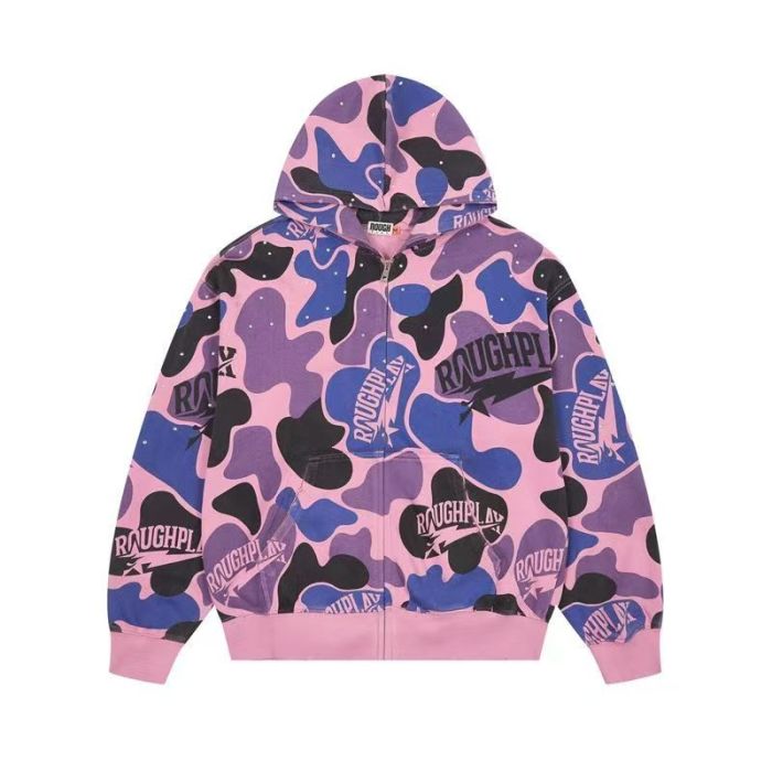 RoughPlay Pink Purple Color Block Camouflage Rhinestone Ripped Zip Up Hoodie 29493607