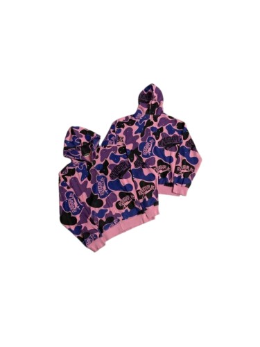 RoughPlay Pink Purple Color Block Camouflage Rhinestone Ripped Zip Up Hoodie 29493607