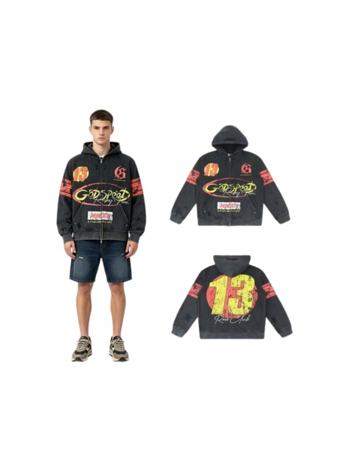 Godspeed No.13 Racing Graphic Washed Distressed Full-Zip Hoodie 29493569