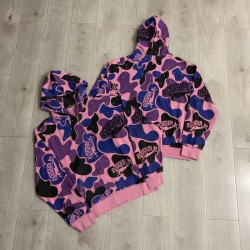 RoughPlay Pink Purple Color Block Camouflage Rhinestone Ripped Zip Up Hoodie 29493607