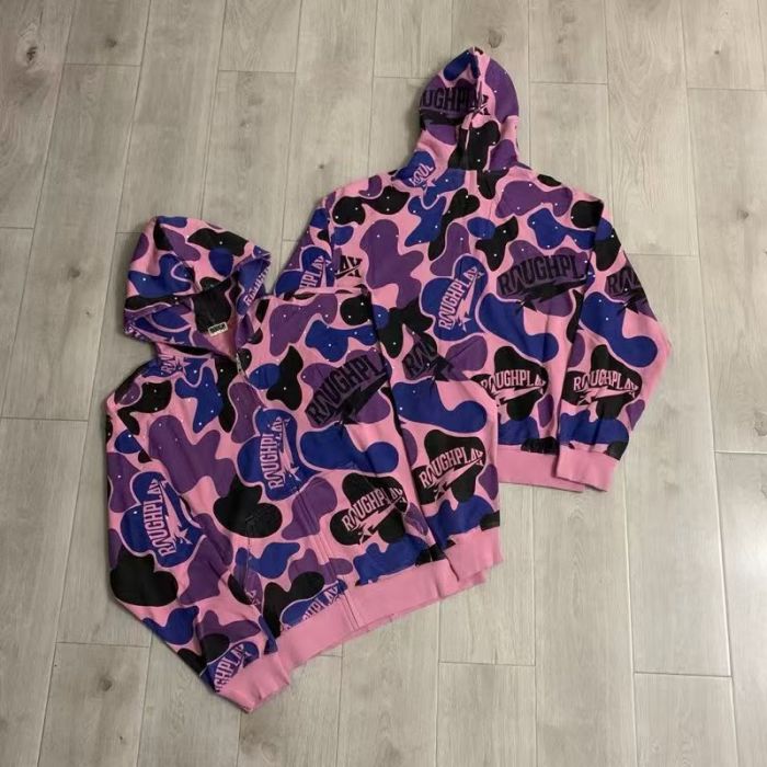 RoughPlay Pink Purple Color Block Camouflage Rhinestone Ripped Zip Up Hoodie 29493607