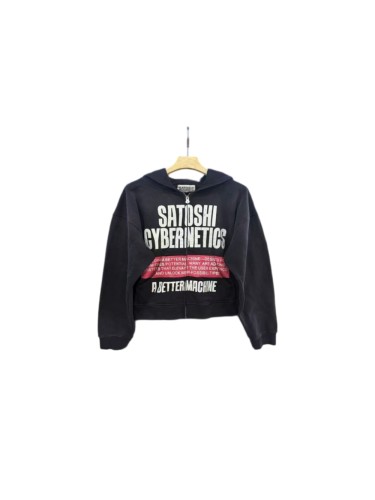 Satoshi Nakamoto Washed Layered Letter Print Cropped Zip Up Loose Fit Hoodie 29493446