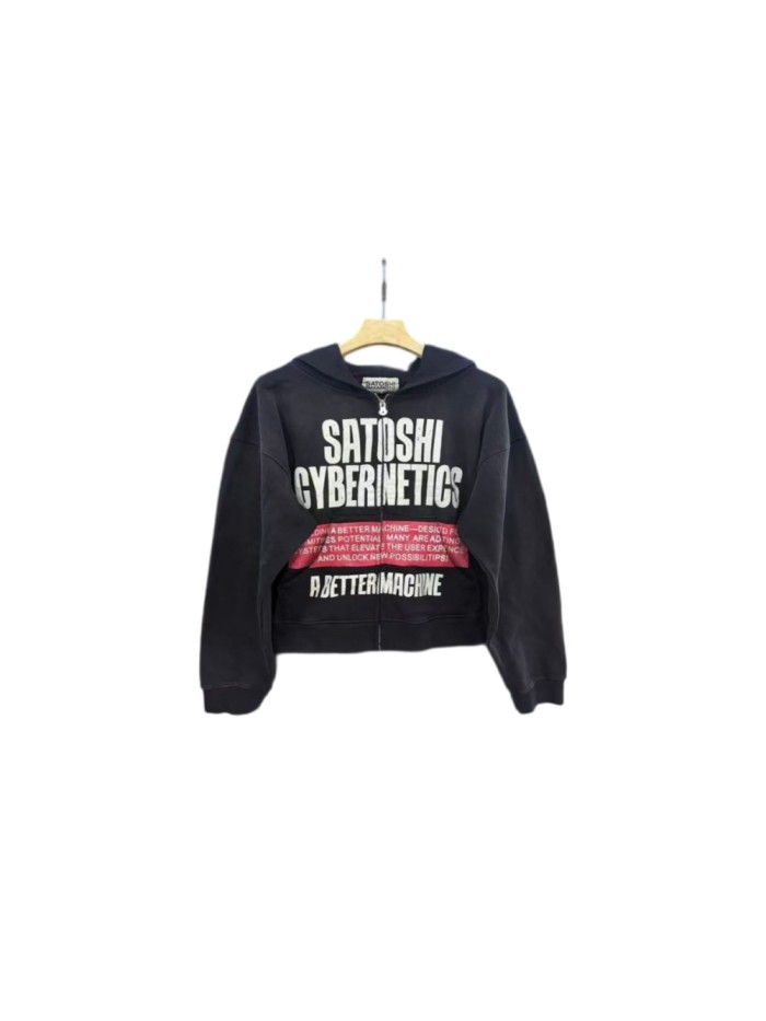 Satoshi Nakamoto Washed Layered Letter Print Cropped Zip Up Loose Fit Hoodie 29493446