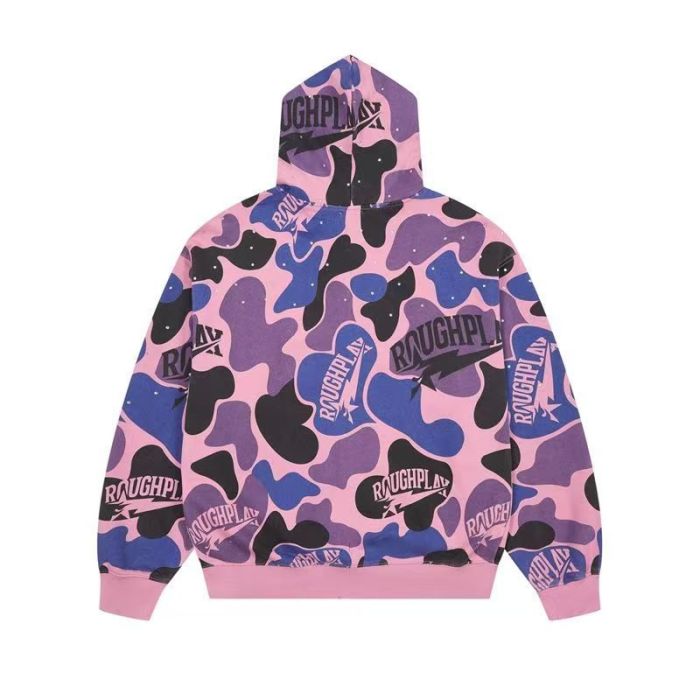 RoughPlay Pink Purple Color Block Camouflage Rhinestone Ripped Zip Up Hoodie 29493607