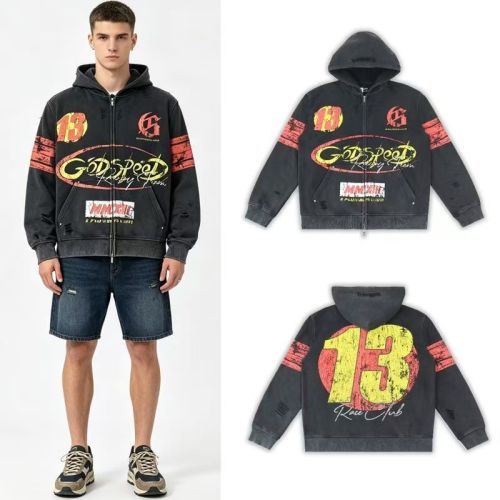 Godspeed No.13 Racing Graphic Washed Distressed Full-Zip Hoodie 29493569