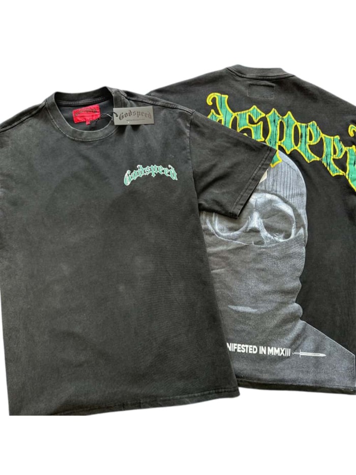 [50% Off]Godspeed 1:1 quality version Masked Skull Green Letter Print Washed Version Tee 27703893