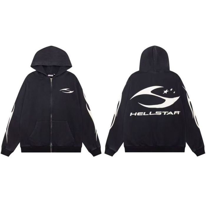 Hellstar Studio S-Shaped Flame Streamline Logo Vintage Washed Full-Zip Unisex Hoodie 29493592