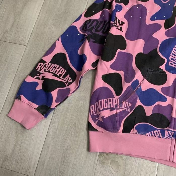 RoughPlay Pink Purple Color Block Camouflage Rhinestone Ripped Zip Up Hoodie 29493607