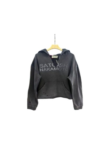 Satoshi Nakamoto Washed V Neck Ripped Rivet Rhinestone Cropped Loose Hoodie 29493557