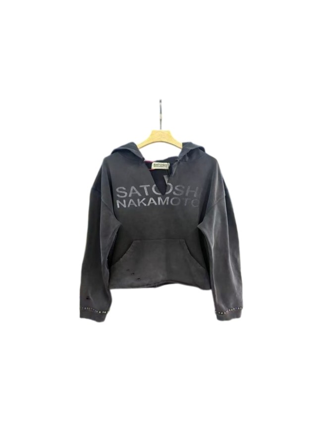 Satoshi Nakamoto Washed V Neck Ripped Rivet Rhinestone Cropped Loose Hoodie 29493557