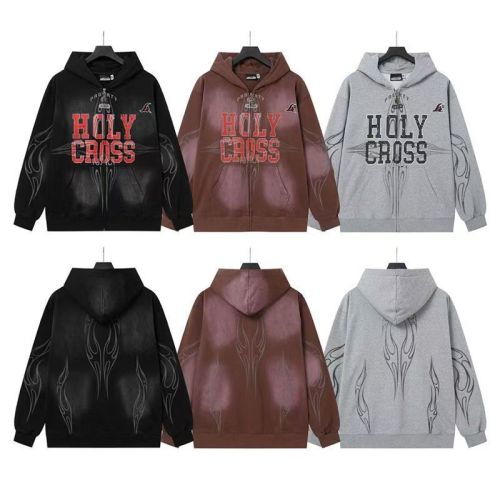 Hellstar Studio Gray Holy Cross Print Flame Graphic Zip Up Loose Fit Hoodie 3 colors 29493440