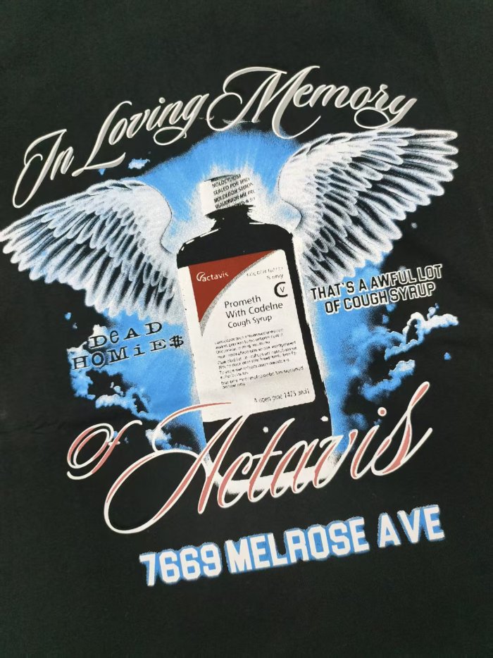 Cough Syrup Tribute Memorial Cursive Script Angel Wing Bottle Graphic Back Blue Block Letter Overlay Graffiti Tee 29303858