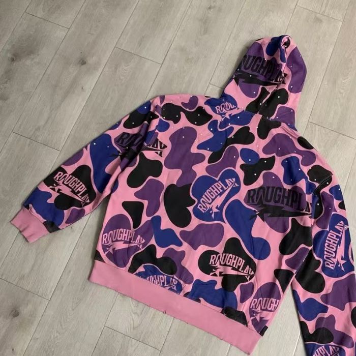 RoughPlay Pink Purple Color Block Camouflage Rhinestone Ripped Zip Up Hoodie 29493607
