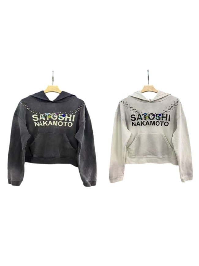 Satoshi Nakamoto Colorful Rhinestone Rivet Letter Print Cropped Loose Hoodie 2 colors 29493456