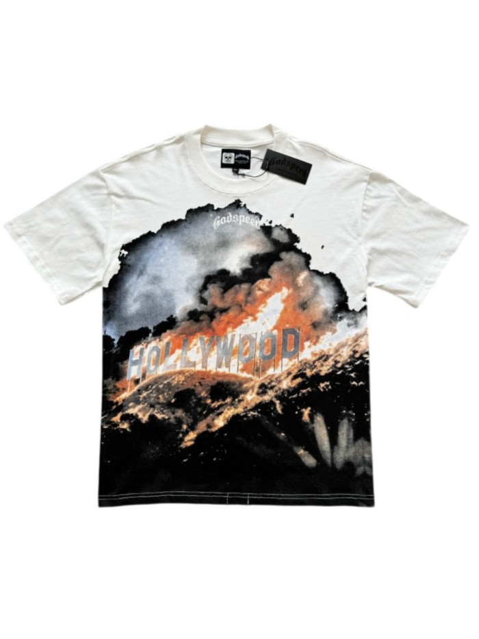 [50% Off]Godspeed 1:1 quality version Hollywood Billboard Burning Cashew Flower Letter Print Version Tee 2 colors 27685072