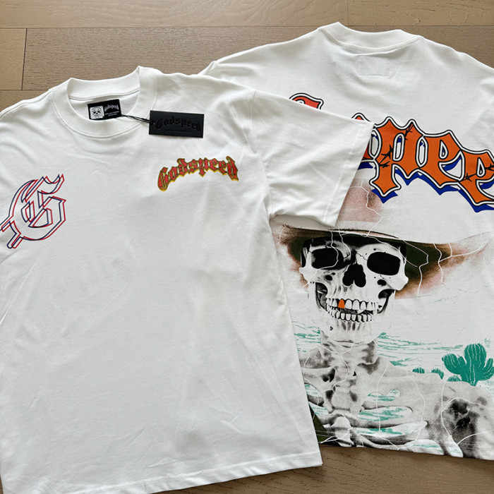 [50% Off]Godspeed Chest Double Logo Back Cactus Desert Skull Print Washed Version Tee 27704467
