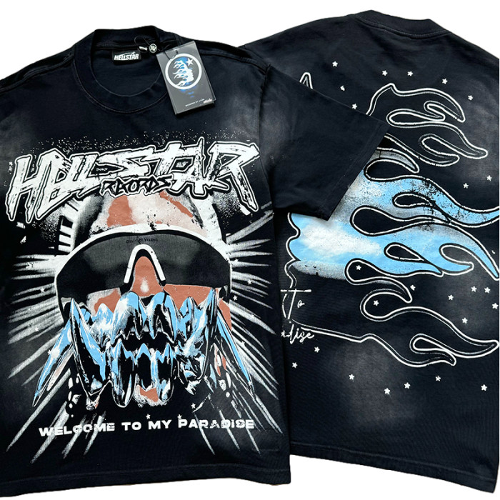 [50% Off]Hellstar Studio Ice Teeth Character Print Blue White Gradient Logo Tee 27848355