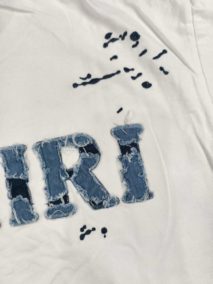 Amiri Denim Patch M Logo Ink Splatter Ripped Fabric Print Back Large Denim Stitch Letter Graphic Tee 2 colors 29342946