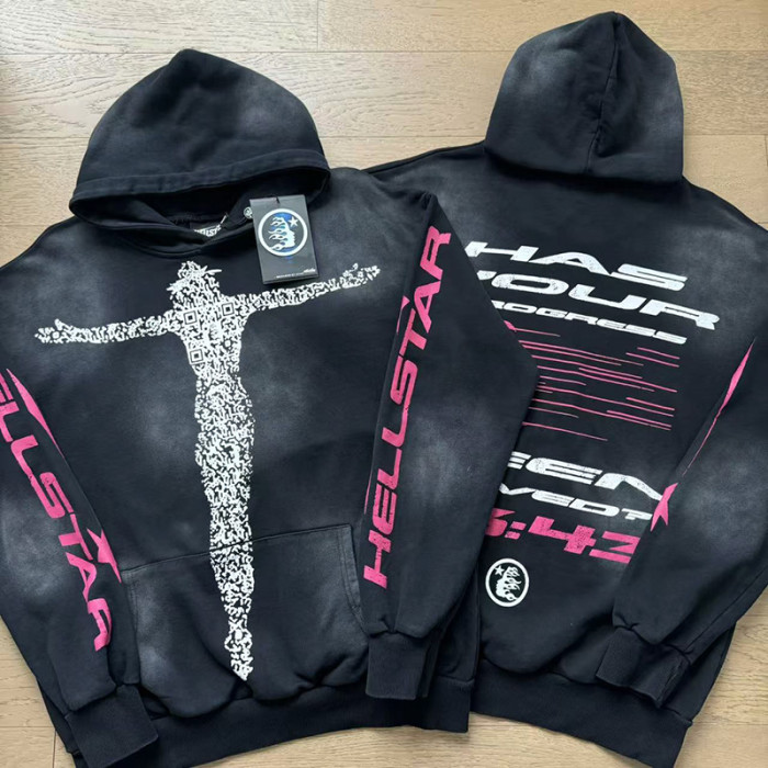 Hellstar Studio Shredded Figure Cross Double Sleeve Rose Red Letter Print Washed Hoodie 29499860