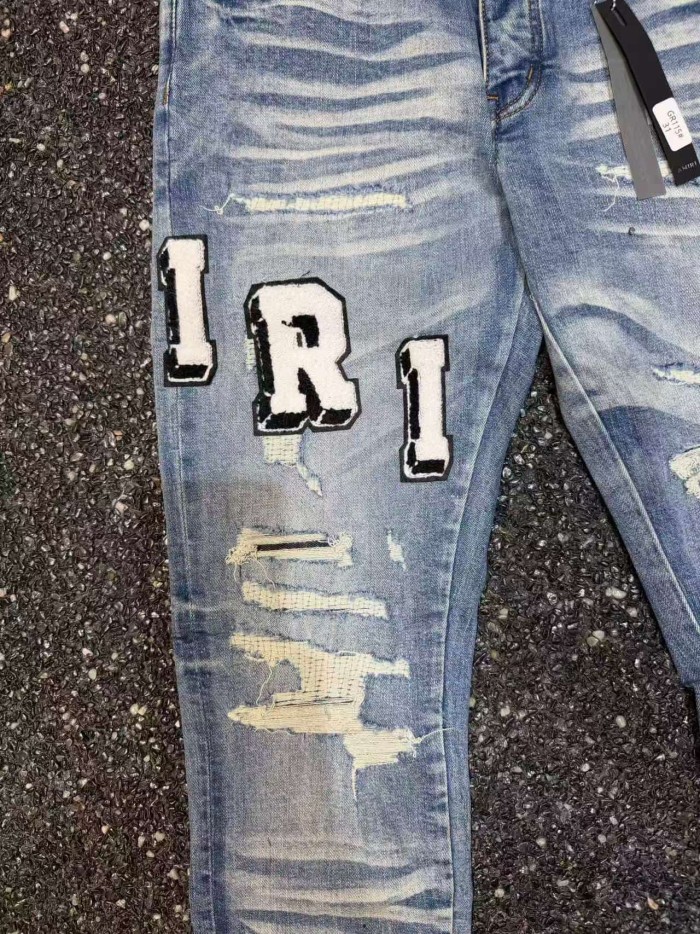 Amiri 1:1 quality version Wash Iri Letter Chenille Patch Ripped Distressed Slim Skinny Jeans 29499634
