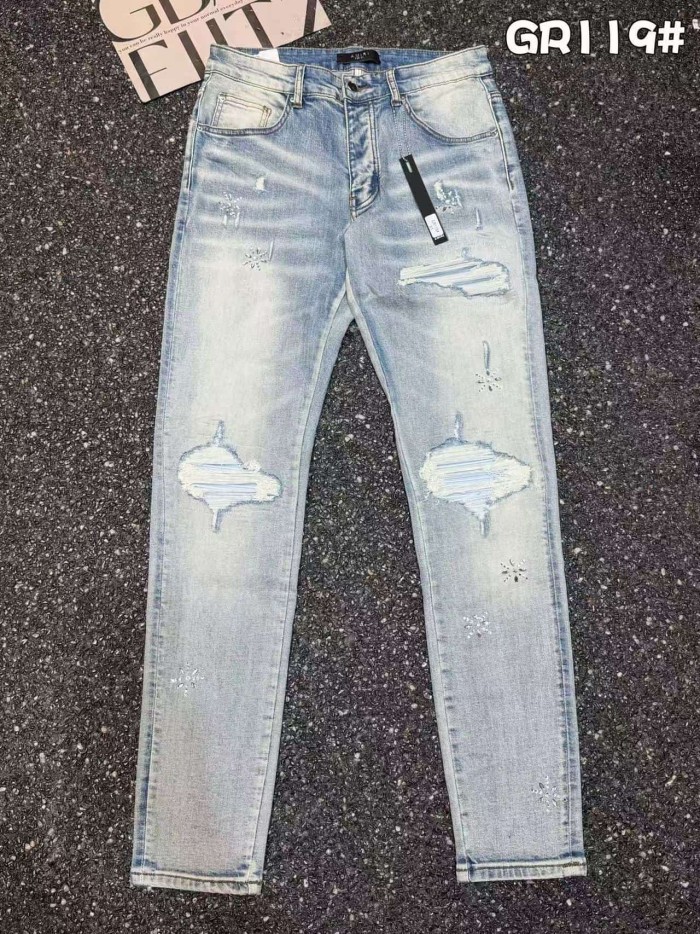 Amiri 1:1 quality version Wash Ripped Rhinestone Snowflake Embellished Slim Skinny Jeans 29499226