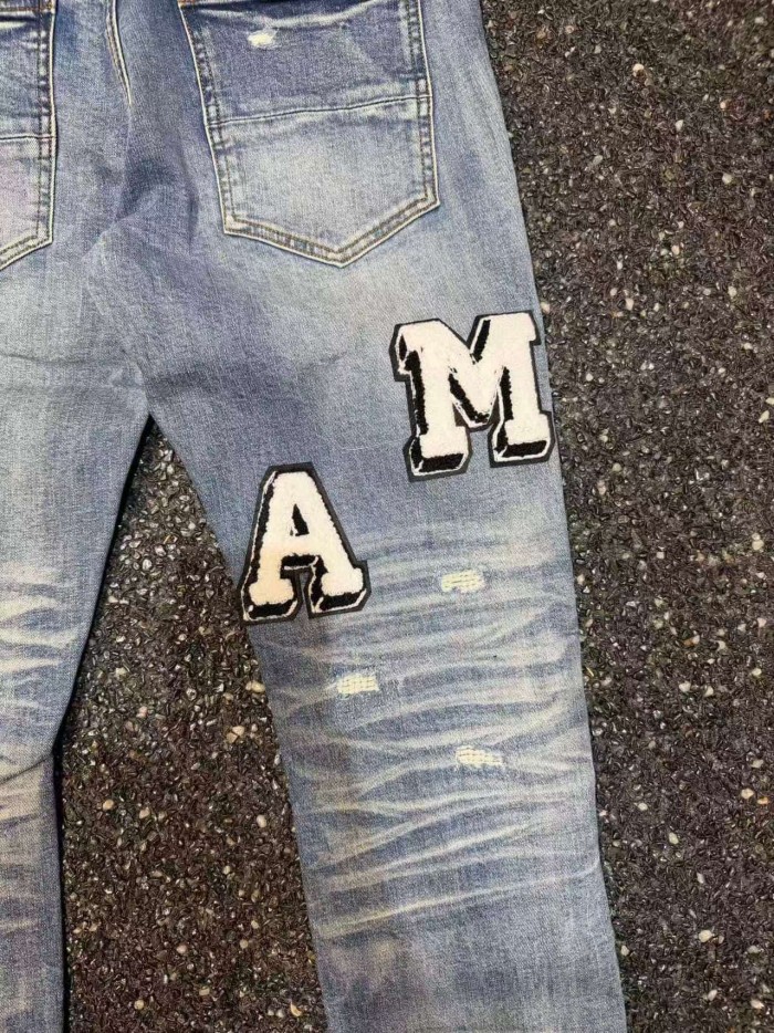 Amiri 1:1 quality version Wash Iri Letter Chenille Patch Ripped Distressed Slim Skinny Jeans 29499634
