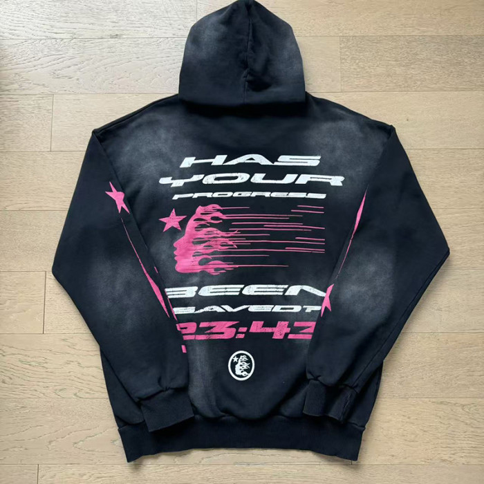 Hellstar Studio Shredded Figure Cross Double Sleeve Rose Red Letter Print Washed Hoodie 29499860
