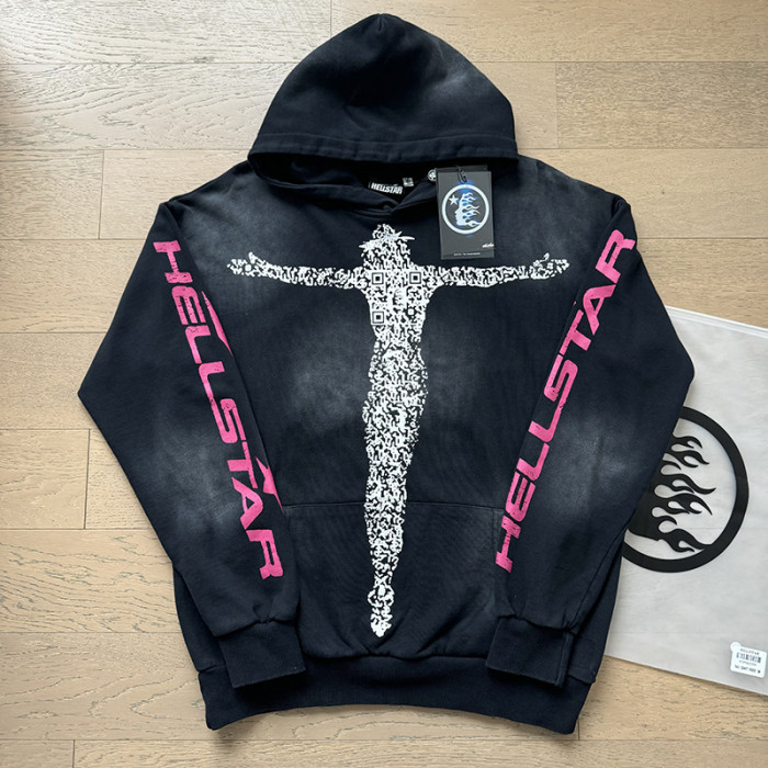 Hellstar Studio Shredded Figure Cross Double Sleeve Rose Red Letter Print Washed Hoodie 29499860