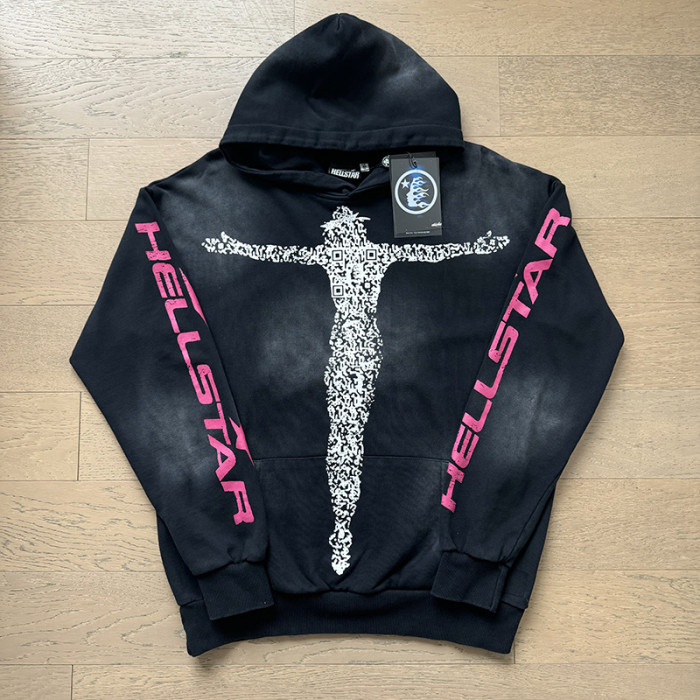 Hellstar Studio Shredded Figure Cross Double Sleeve Rose Red Letter Print Washed Hoodie 29499860