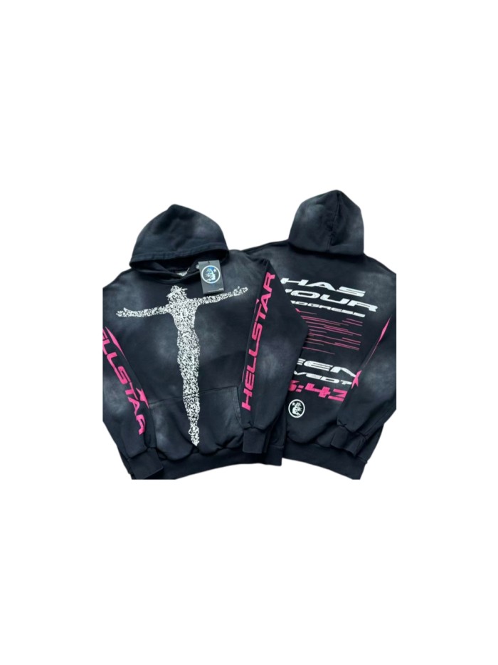 Hellstar Studio Shredded Figure Cross Double Sleeve Rose Red Letter Print Washed Hoodie 29499860