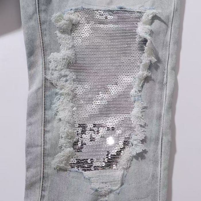Purple Brand 1:1 quality version Wash Silver Sequin Underlay Ripped Distressed Slim Skinny Jeans 29500987
