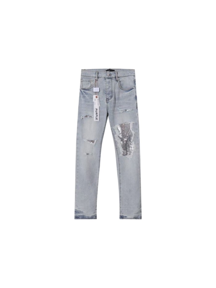 Purple Brand 1:1 quality version Wash Silver Sequin Underlay Ripped Distressed Slim Skinny Jeans 29500987