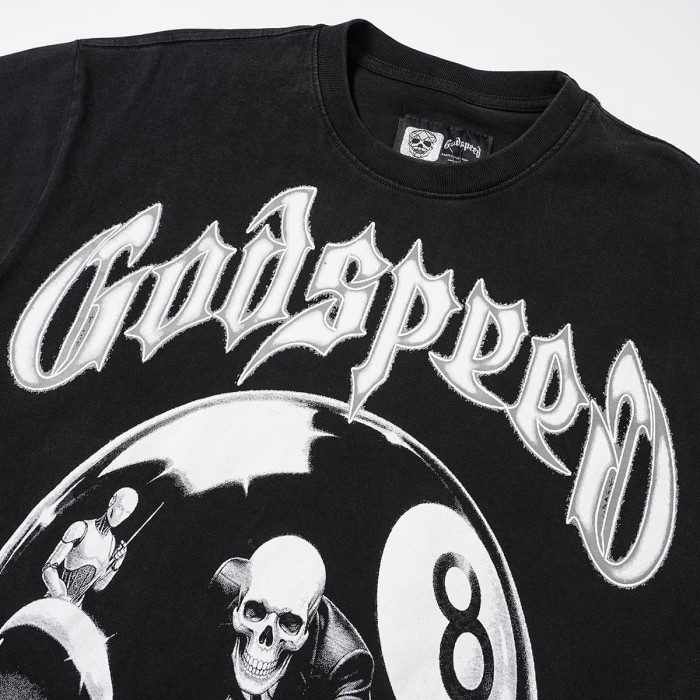 Godspeed Wash 8 Ball Skull Pool Graphic Front Back Gothic Letter T-Shirt 29500748