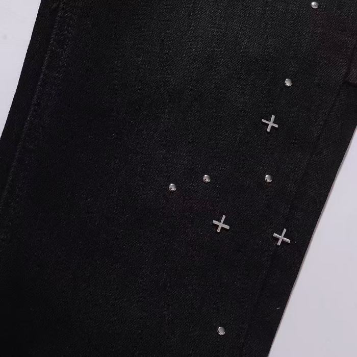 Ksubi 1:1 quality version Silver Cross Stud Rhinestone Scatter Decor Slim Skinny Jeans 29501074