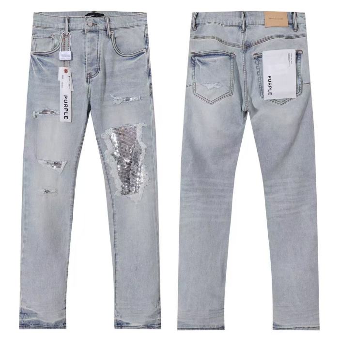Purple Brand 1:1 quality version Wash Silver Sequin Underlay Ripped Distressed Slim Skinny Jeans 29500987