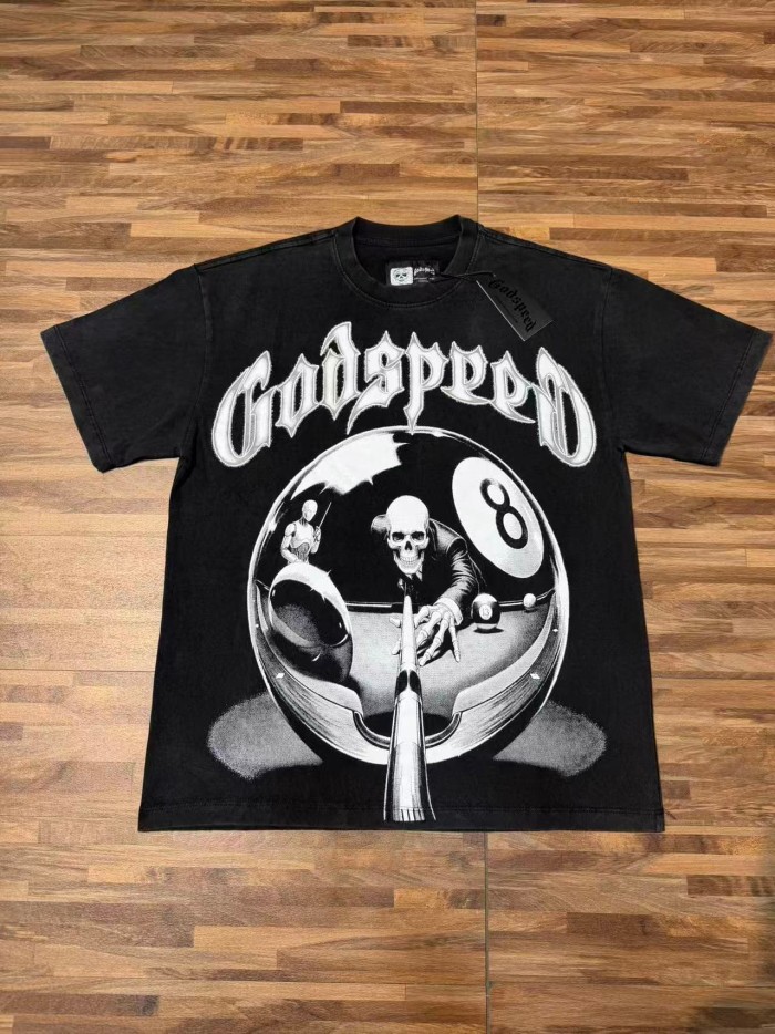 Godspeed Wash 8 Ball Skull Pool Graphic Front Back Gothic Letter T-Shirt 29500748