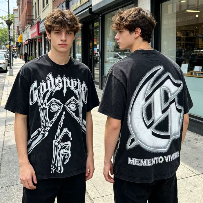 Godspeed Front Gothic Skeleton Hand Eye Text Print Back Spray Gradient G Logo T-Shirt 29500754