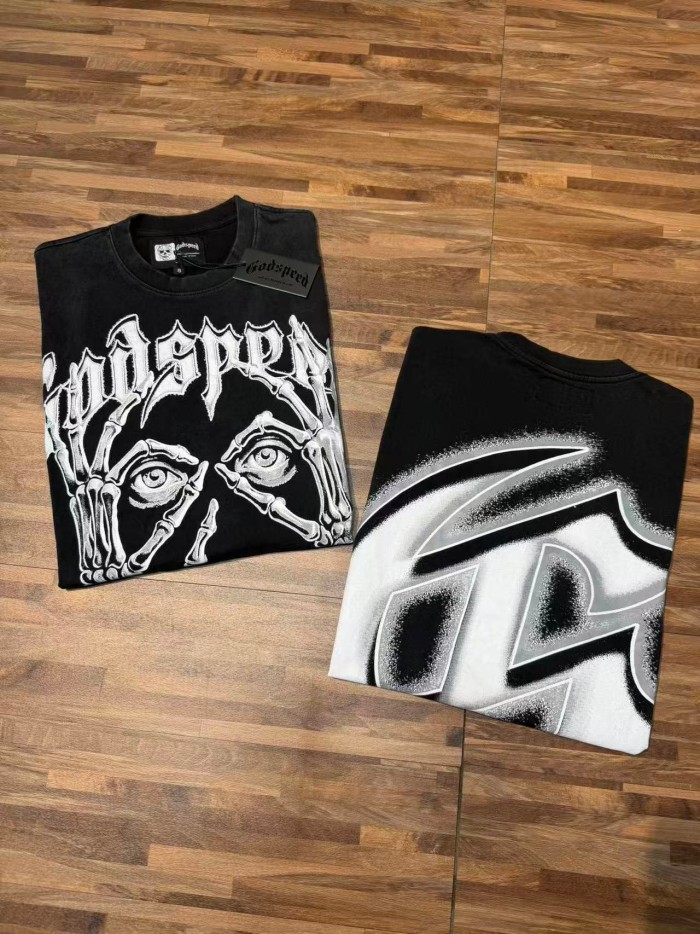 Godspeed Front Gothic Skeleton Hand Eye Text Print Back Spray Gradient G Logo T-Shirt 29500754