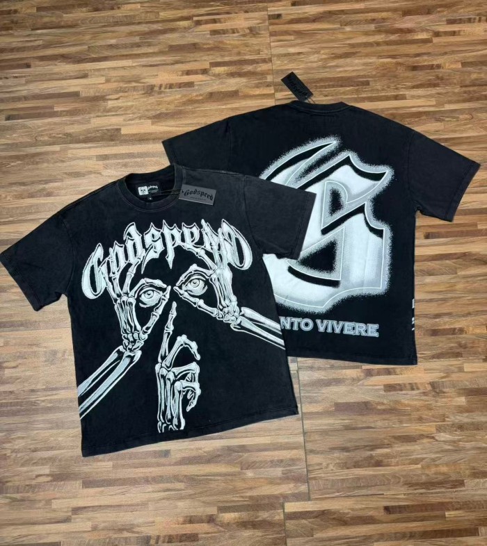 Godspeed Front Gothic Skeleton Hand Eye Text Print Back Spray Gradient G Logo T-Shirt 29500754