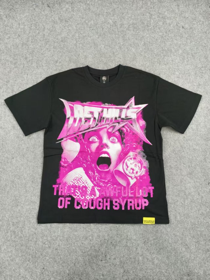 Cough Syrup Screaming Horror Portrait Distressed Bottom Text Front Pink Circular Ring Demon Silhouette Graphic Print Tee 2 colors 29303988