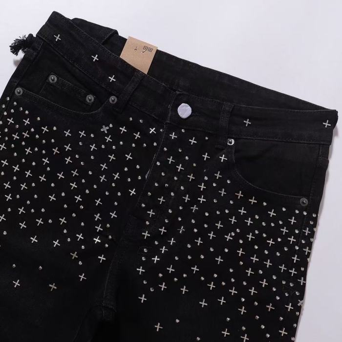 Ksubi 1:1 quality version Silver Cross Stud Rhinestone Scatter Decor Slim Skinny Jeans 29501074