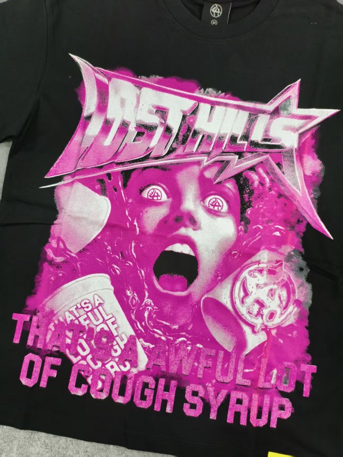 Cough Syrup Screaming Horror Portrait Distressed Bottom Text Front Pink Circular Ring Demon Silhouette Graphic Print Tee 2 colors 29303988