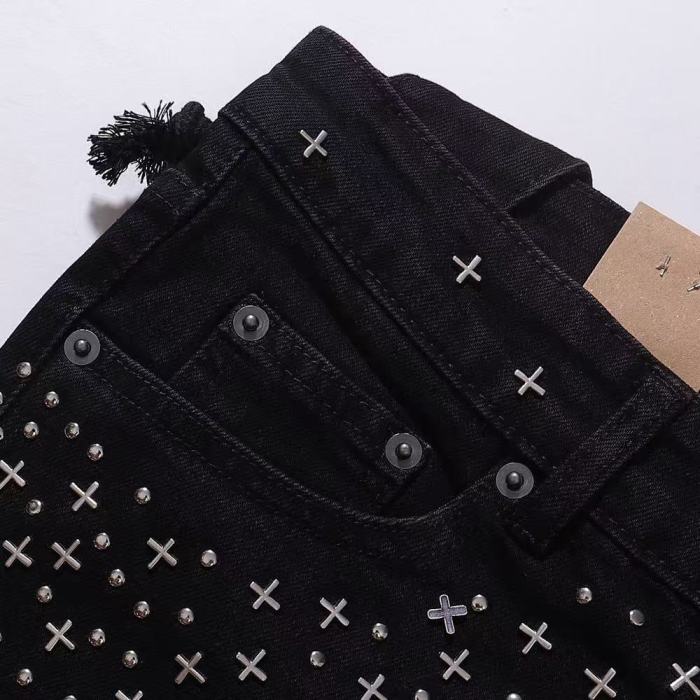 Ksubi 1:1 quality version Silver Cross Stud Rhinestone Scatter Decor Slim Skinny Jeans 29501074