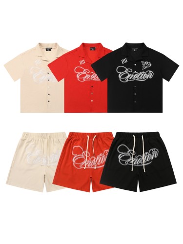 [50% Off]Mixed Emotion Embroidered Logo Waffle Shirt & Shorts Set 28206908